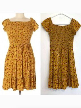XHILARATION Short Sleeve Off the Shoulder Smocked Top Dress Mustard Gold Floral